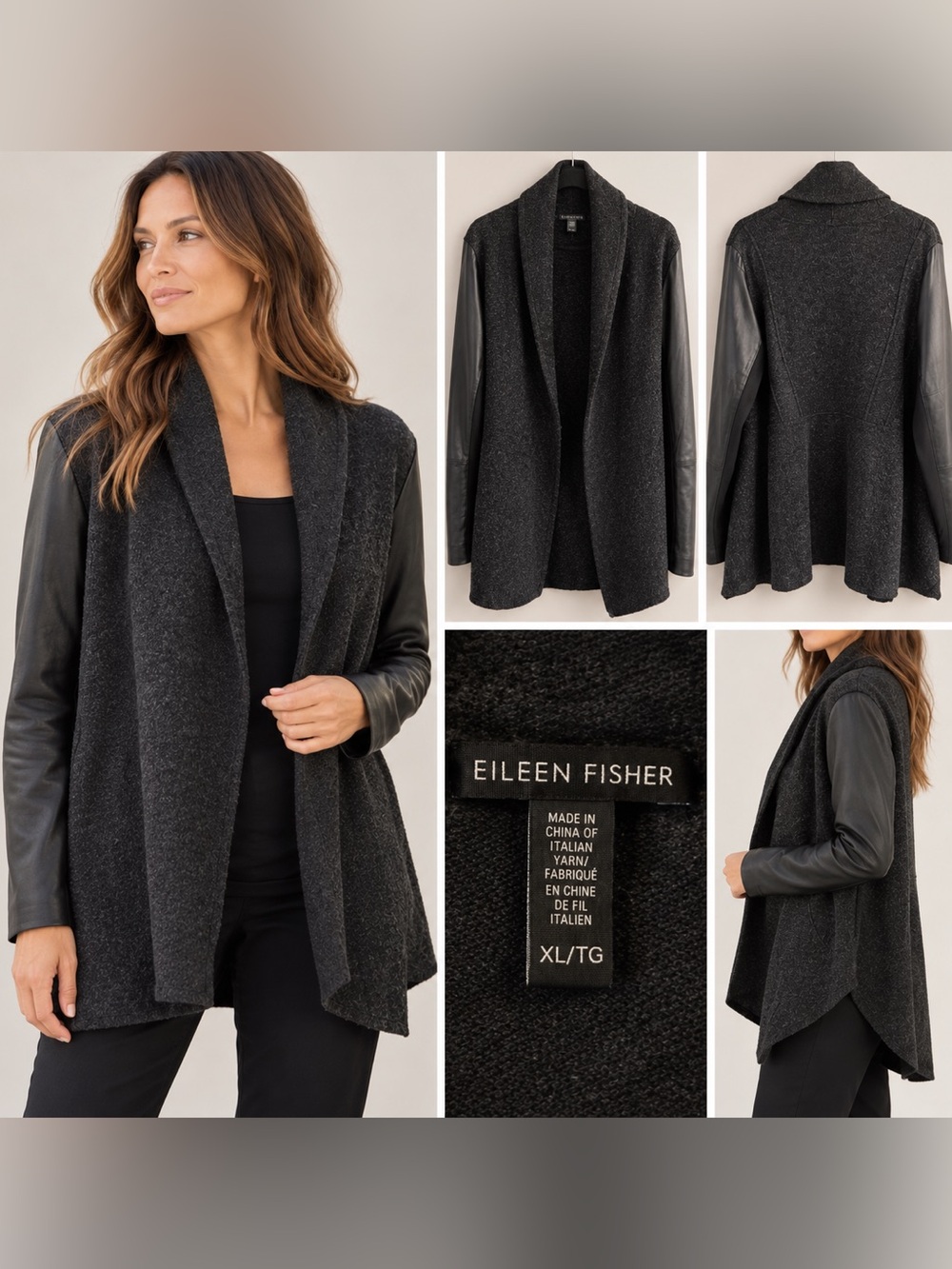 Eileen Fisher Black Wool Jacket with Leather Sleeves - Open Front